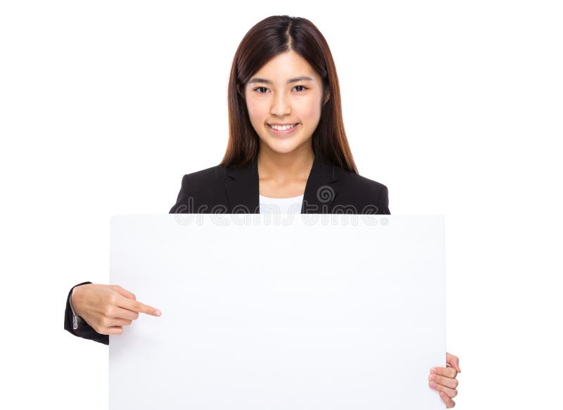 Punto asiatico del dito della donna di affari per soppressione cartello fotografia stock Punto asiatico del dito della donna di affari per soppressione cartello fotografia stock