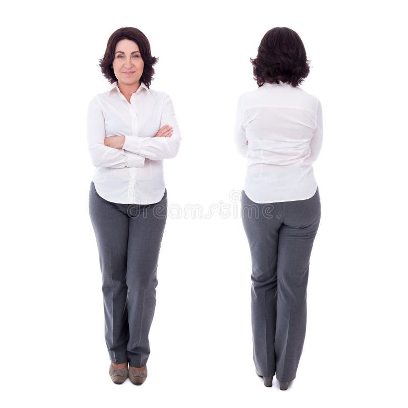 Front and back view of mature business woman isolated on white background. Front and back view of mature business woman isolated on white background