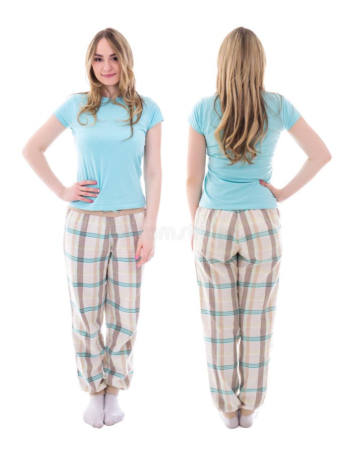 Front and back view of young woman in pajamas isolated on white background. Front and back view of young woman in pajamas isolated on white background