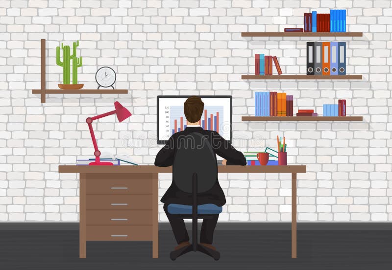 Punto di vista posteriore dell'uomo di affari che lavora al desktop computer nell'ufficio moderno illustrazione di stock Punto di vista posteriore dell'uomo di affari che lavora al desktop computer nell'ufficio moderno illustrazione di stock