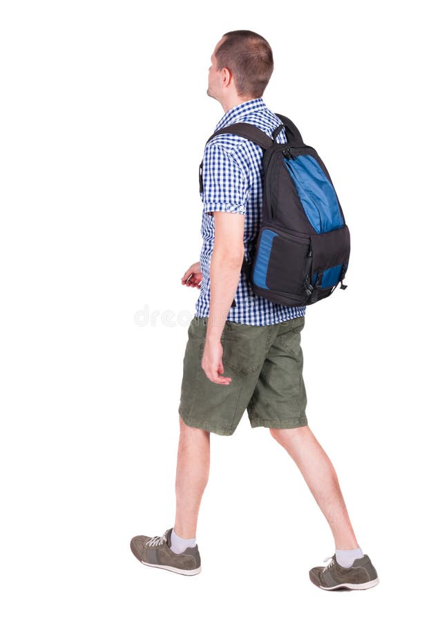 Back view of walking man with backpack. brunette guy in motion. backside view of person. Rear view people collection. Isolated over white background. Guy in sneakers and shorts cheerful gait goes forward. Back view of walking man with backpack. brunette guy in motion. backside view of person. Rear view people collection. Isolated over white background. Guy in sneakers and shorts cheerful gait goes forward.