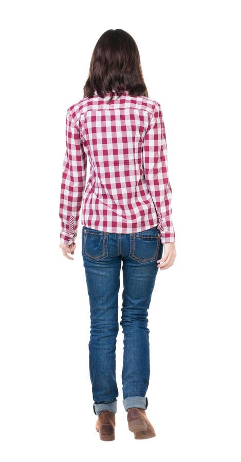 Punto di vista posteriore della donna di camminata in camicia a quadretti immagini stock libere da diritti