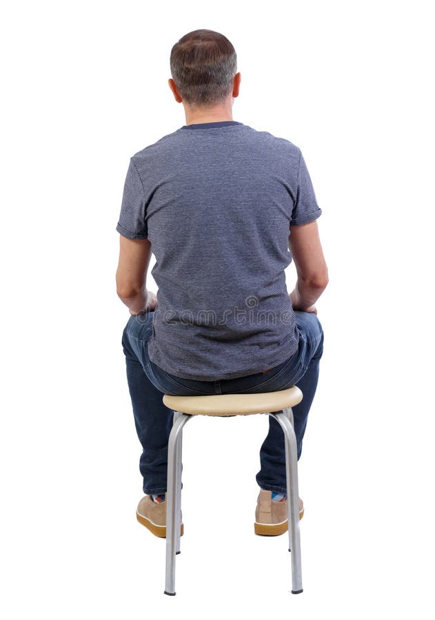 Back view of a man sitting on a chair. Rear view people collection. backside view of person. Isolated over white background. A guy in a gray jacket is working or studying. the guy in the striped t-shirt is sitting on a stool. Back view of a man sitting on a chair. Rear view people collection. backside view of person. Isolated over white background. A guy in a gray jacket is working or studying. the guy in the striped t-shirt is sitting on a stool