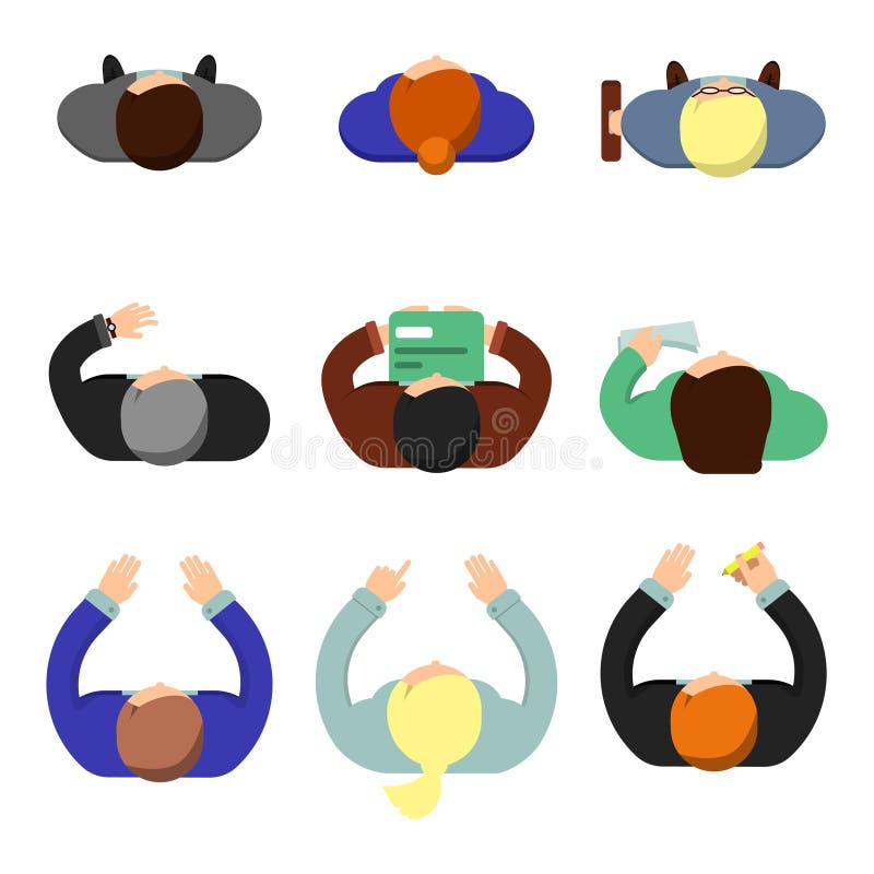Punto di vista superiore della gente dell'ufficio Donne ed uomini lavoranti dei responsabili che si siedono ai caratteri piani di royalty illustrazione gratis