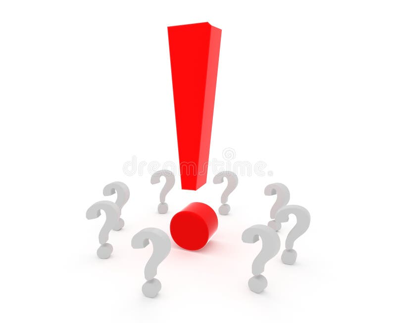 Punto esclamativo rosso circondato dai punti interrogativi illustrazione vettoriale Punto esclamativo rosso circondato dai punti interrogativi illustrazione vettoriale