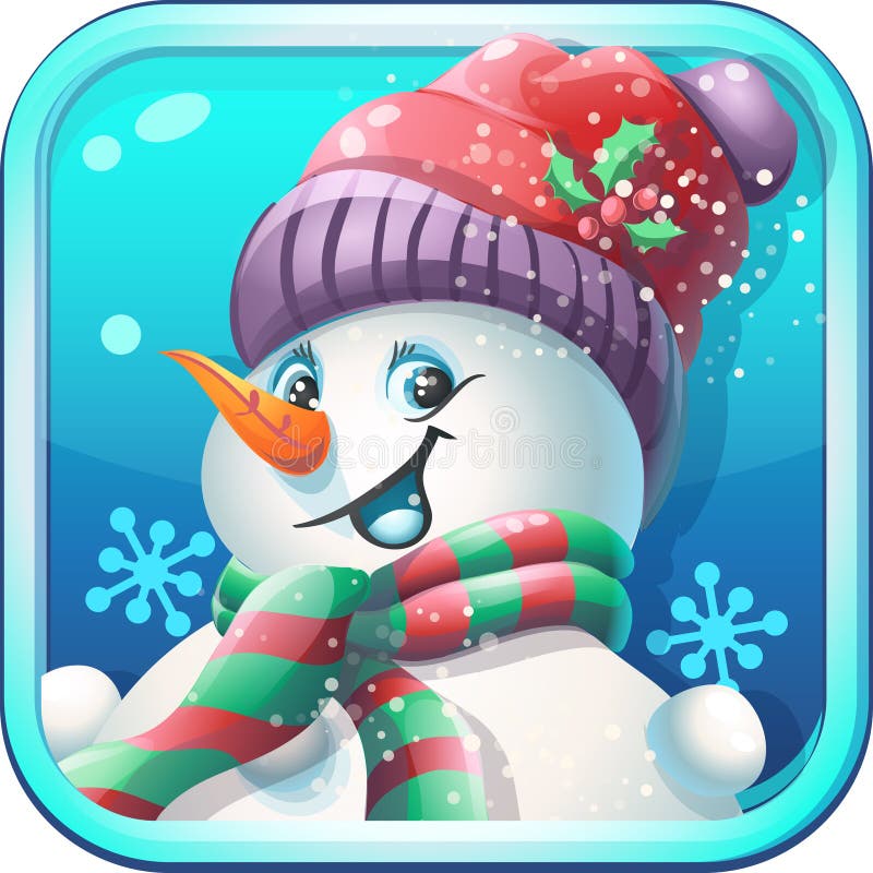 Pupazzo di neve allegro dell'icona in cappuccio per il gioco di computer royalty illustrazione gratis