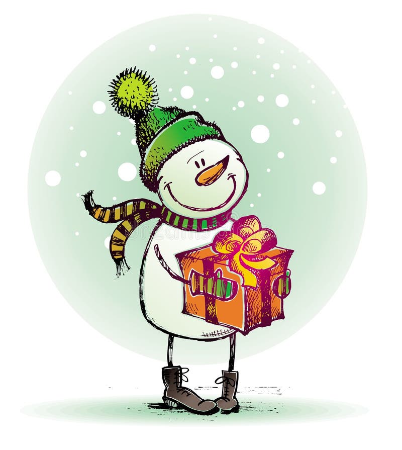 Pupazzo di neve con il regalo illustrazione di stock Pupazzo di neve con il regalo illustrazione di stock