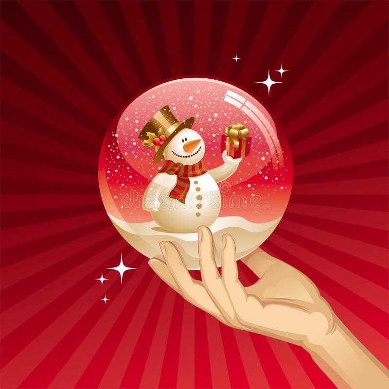 Pupazzo di neve con il regalo in un globo della neve illustrazione di stock Pupazzo di neve con il regalo in un globo della neve illustrazione di stock
