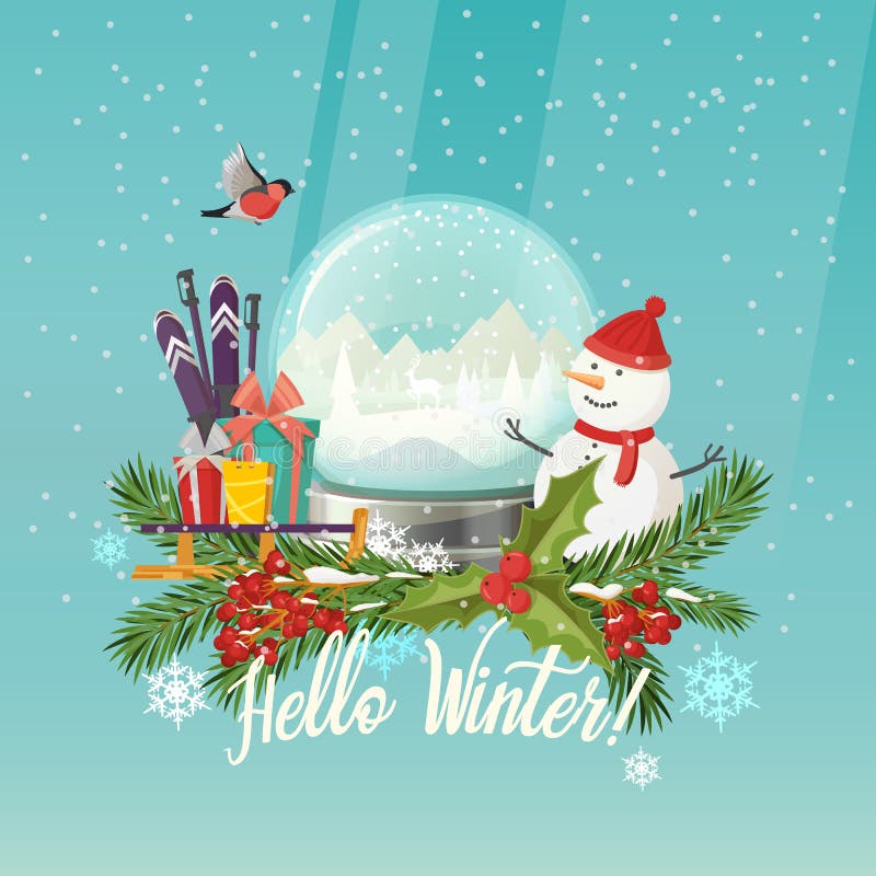 Pupazzo di neve e globo della neve, regali sulla slitta, pali di sci illustrazione di stock Pupazzo di neve e globo della neve, regali sulla slitta, pali di sci illustrazione di stock