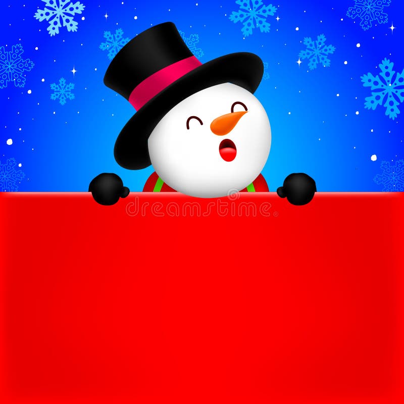 Pupazzo di neve felice che tiene il fondo in bianco dell'insegna della pubblicità con lo spazio della copia illustrazione di stock Pupazzo di neve felice che tiene il fondo in bianco dell'insegna della pubblicità con lo spazio della copia illustrazione di stock