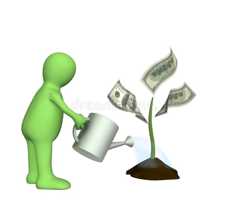 Puppet, watering monetary plant