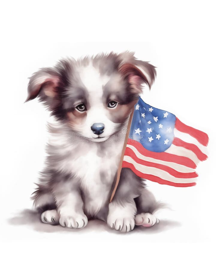 A puppy with an American flag celebrates 4th of July Independence Day. Generative AI.