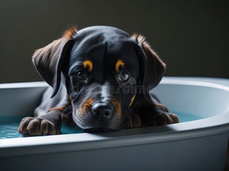 Puppy Relaxing Spa Laying in Bathtub. Ai Generative Stock Illustration
