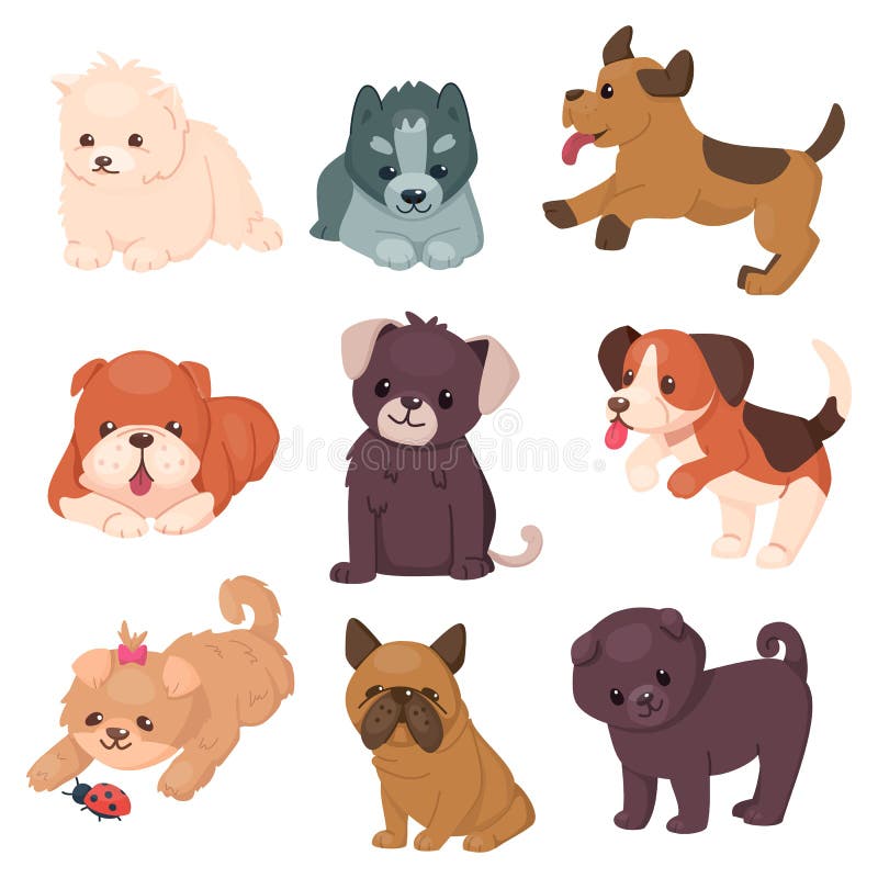 Puppy set with beautiful cute dogs. Different breeds of happy jumping and sitting pets. Husky and bulldog, pug and jack vector illustration Puppy set with beautiful cute dogs. Different breeds of happy jumping and sitting pets. Husky and bulldog, pug and jack vector illustration