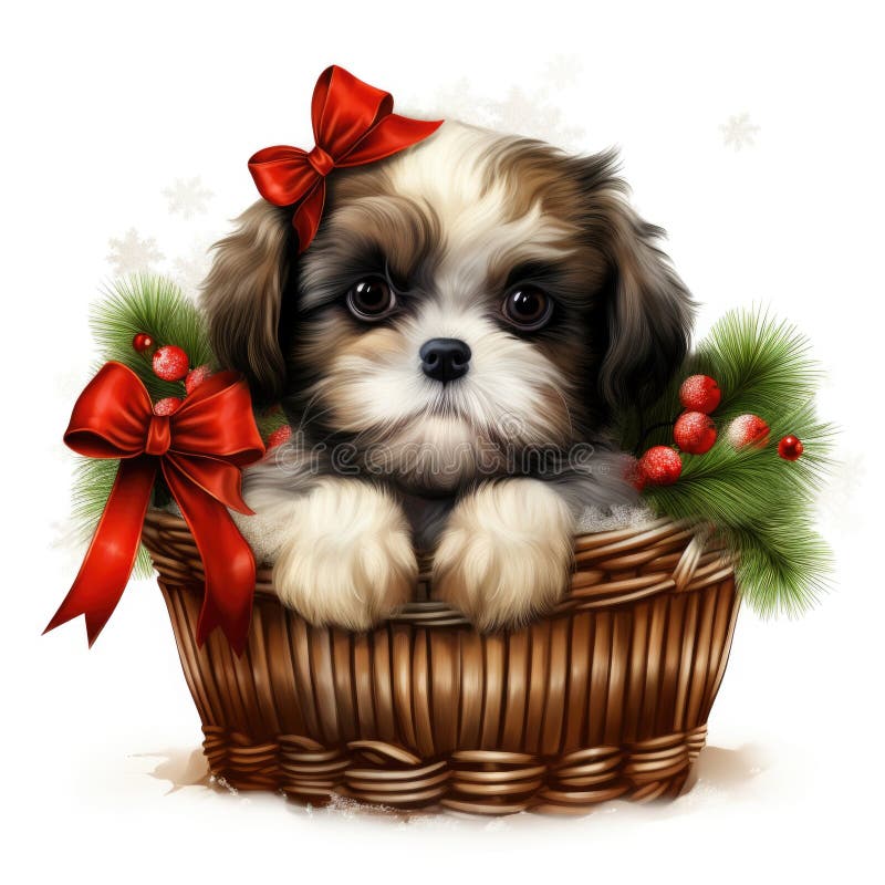 A puppy sitting in a basket with a red bow. Christmas clipart on white background. AI generated. A puppy sitting in a basket with a red bow. Christmas clipart on white background. AI generated