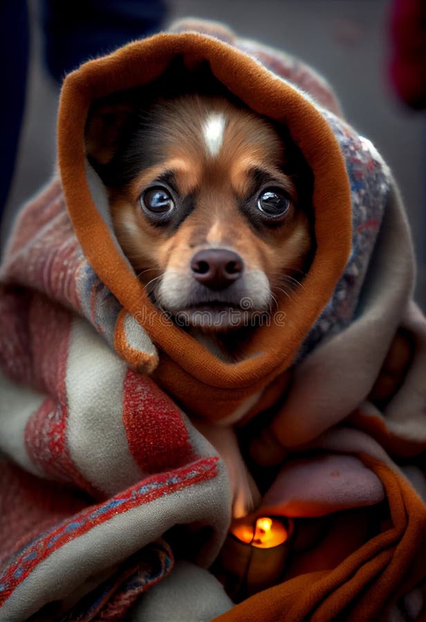 Puppy is Wrapped in a Warm Blanket. AI Generated Stock Photo Image of