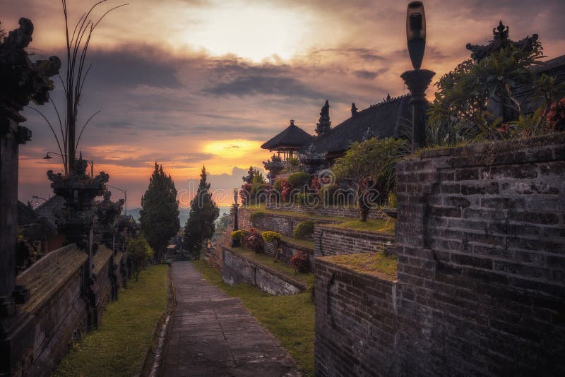 Pura Besakih temple on Bali from high viewpoint on horizon during sunset as Bali travel lifestyle stock images