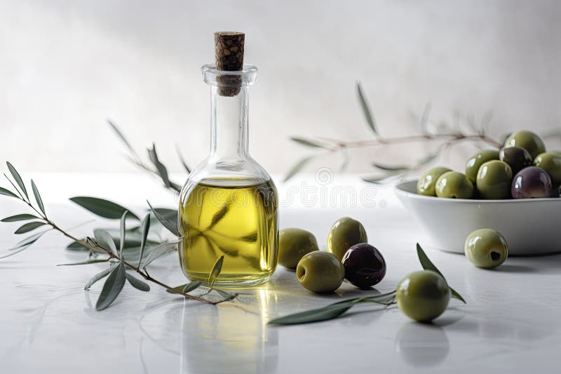 Pure Olive Oil on White Table for Culinary Creations. Stock