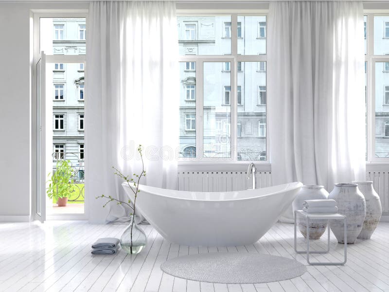 Picture of Pure white bathroom interior with separate bathtub