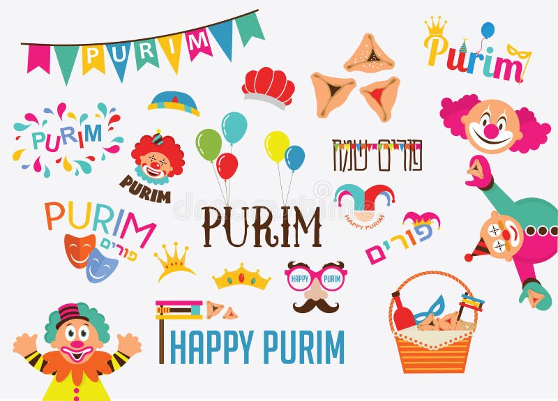 Purim clipart with carnival elements. Happy Purim Jewish festival, carnival, Purim props icons. Vector- Happy purim royalty free illustration
