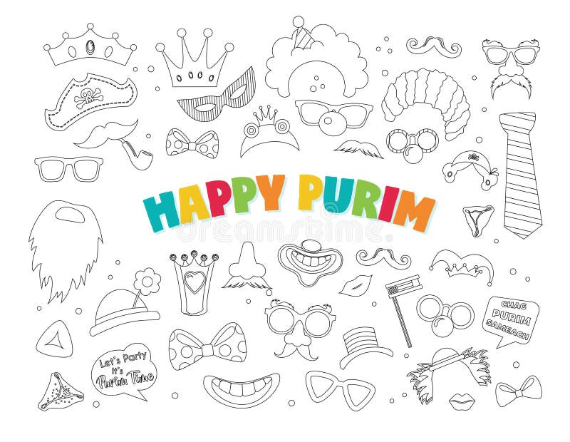 Purim clipart with carnival elements. Happy Purim Jewish festival, carnival, Purim props icons. Vector- Happy purim vector illustration