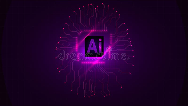 Purple AI icon radiating across network of connections, highlighting futuristic data structure, innovation, and machine vector illustration