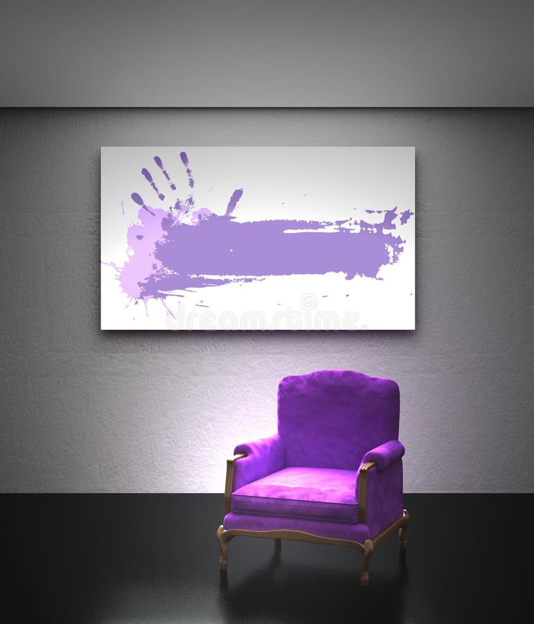 Purple armchair with frame on the wall