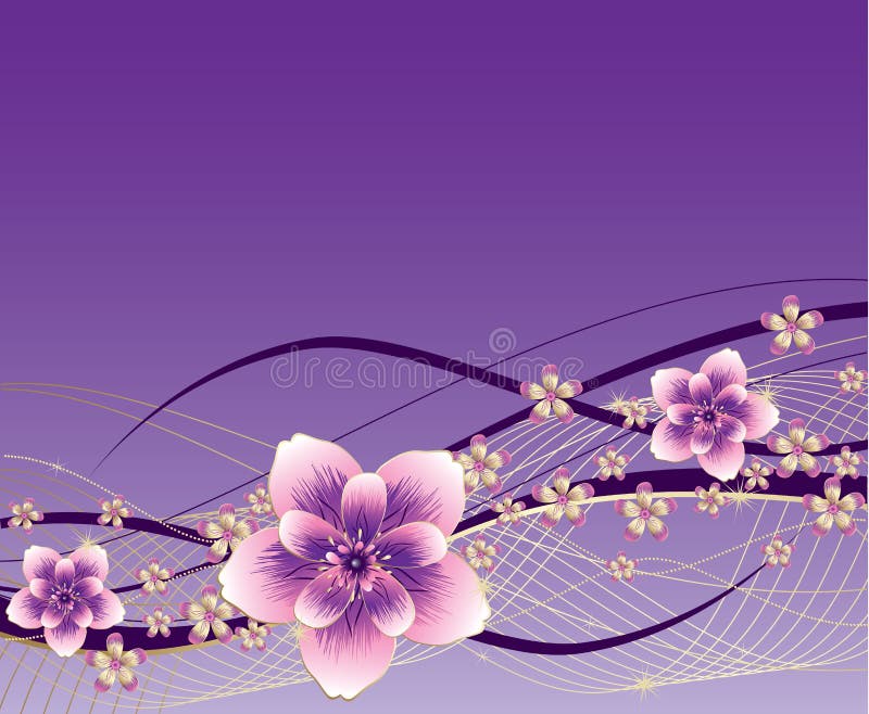 Purple background with pink and gold flowers