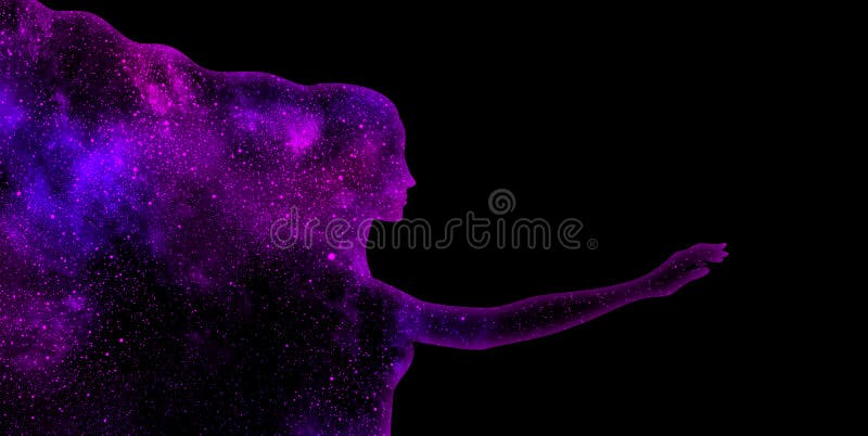Purple and blue shining star universe in the shape of a woman&#x27;s profile silhouette on a black background
