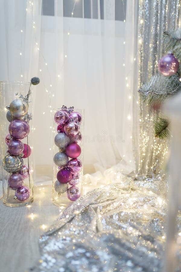 Silver Purple Christmas Decorations Space Text Stock Photo 42078058