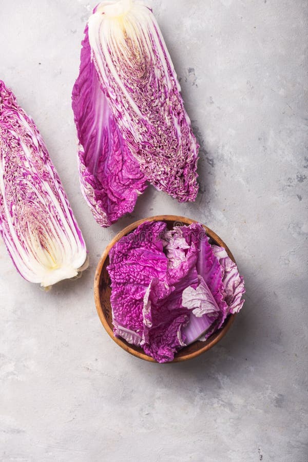 Purple Chinese Napa Cabbage on Grey Concrete Table. Leaf, Head of