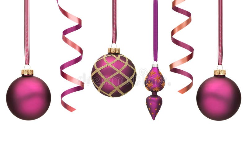 Purple christmas decorations isolated on white stock photography
