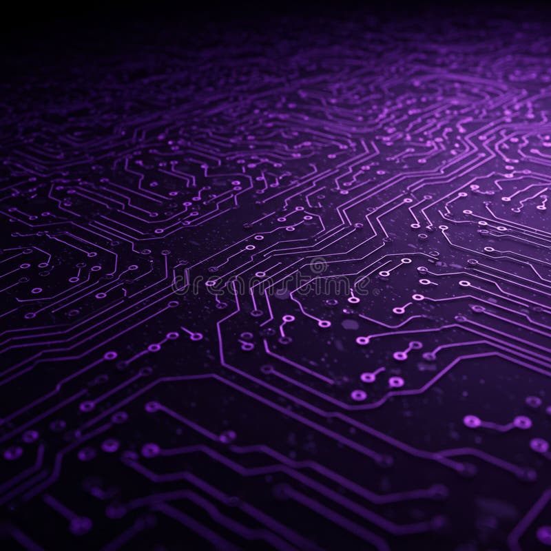 Purple circuitry pattern on a dark background. The intricate design resembles an royalty free illustration