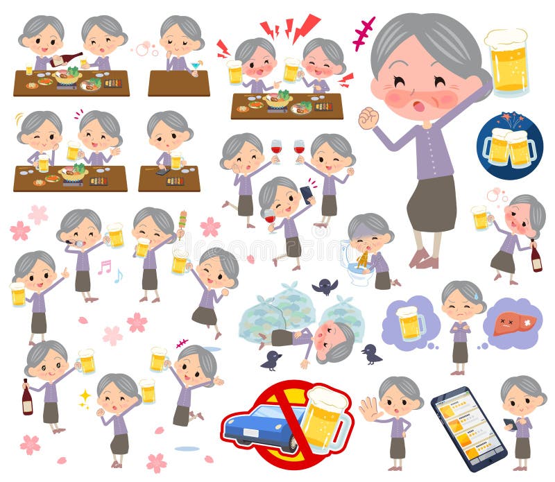 A set of senior women related to alcohol. There is a lively appearance and action that expresses failure about alcohol. It`s vector art so it`s easy to edit. A set of senior women related to alcohol. There is a lively appearance and action that expresses failure about alcohol. It`s vector art so it`s easy to edit.