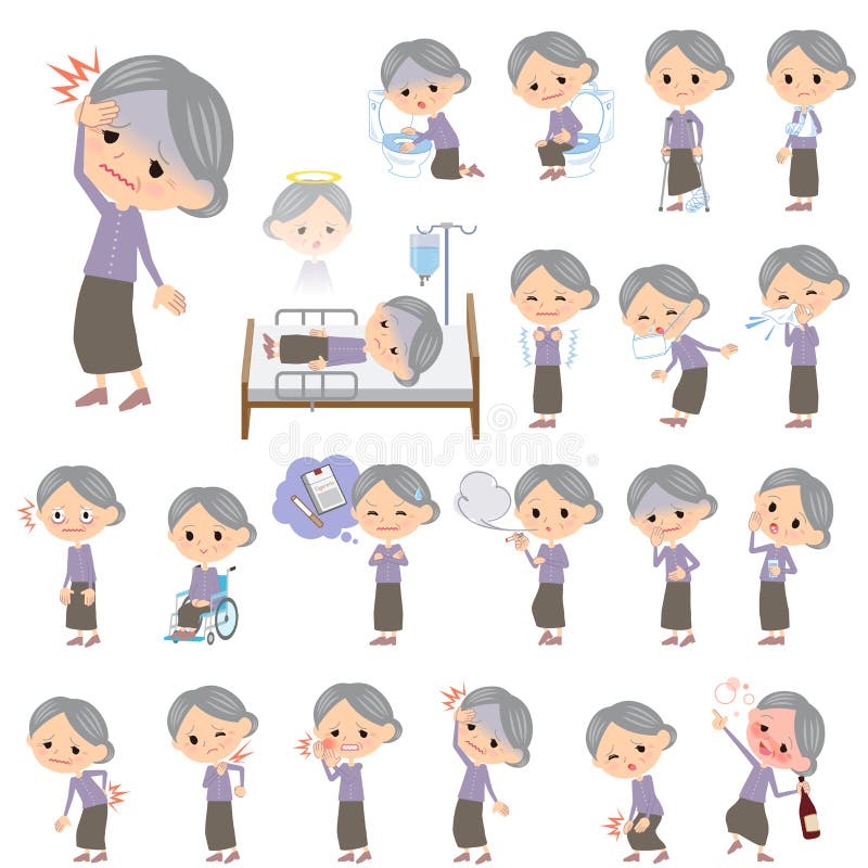 Set of various poses of Purple clothes grandmother About the sickness