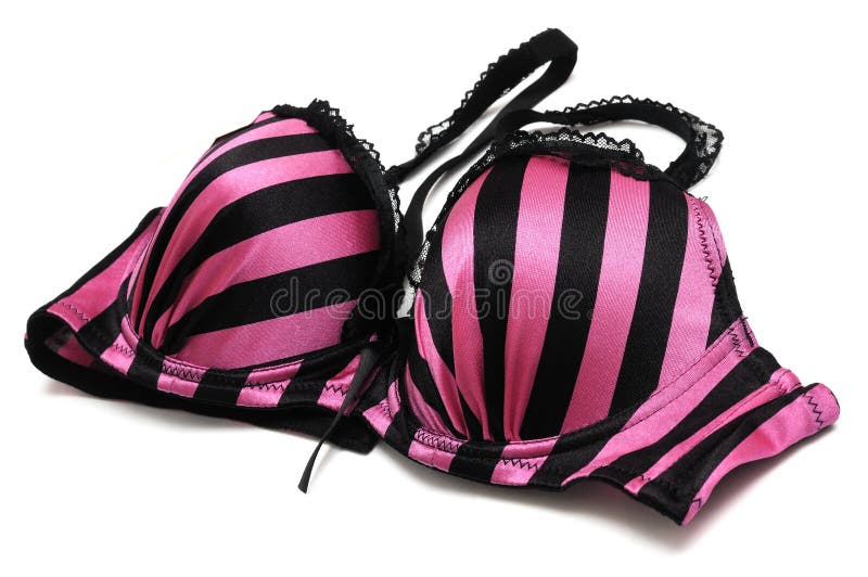 A purple colored padded brassiere with black stripes, laces and straps