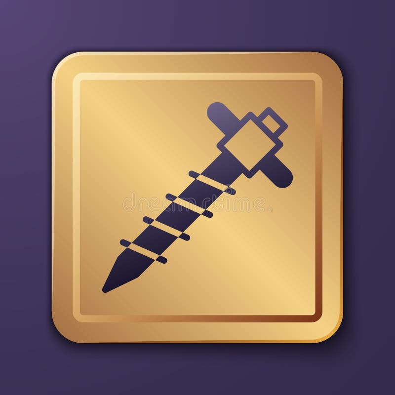 Purple Construction Jackhammer Icon Isolated on Purple Background. Gold