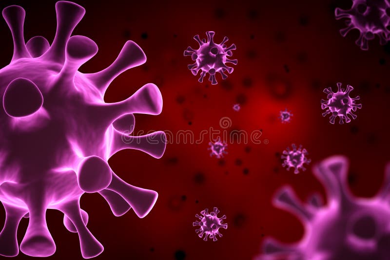 Purple coronavirus disease COVID-19 infection medical illustration.China pathogen respiratory influenza covid virus cells. in dark red background, 3D render.illustration, selective focus