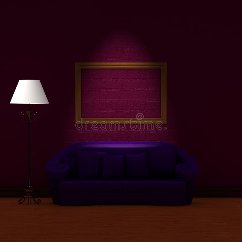 Purple couch with empty frame and standard lamp