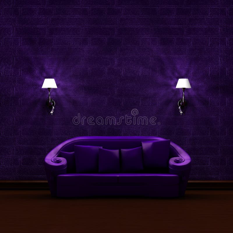 Purple couch with sconces