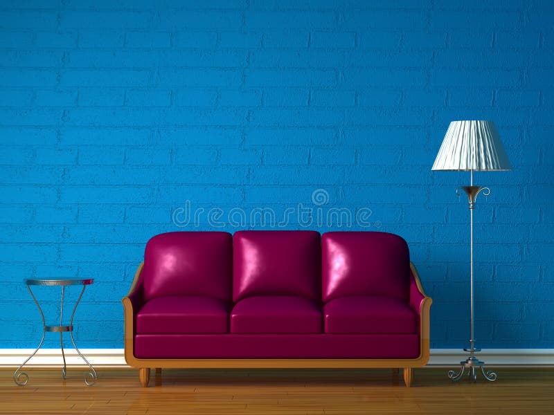 Purple couch, table and standard lamp