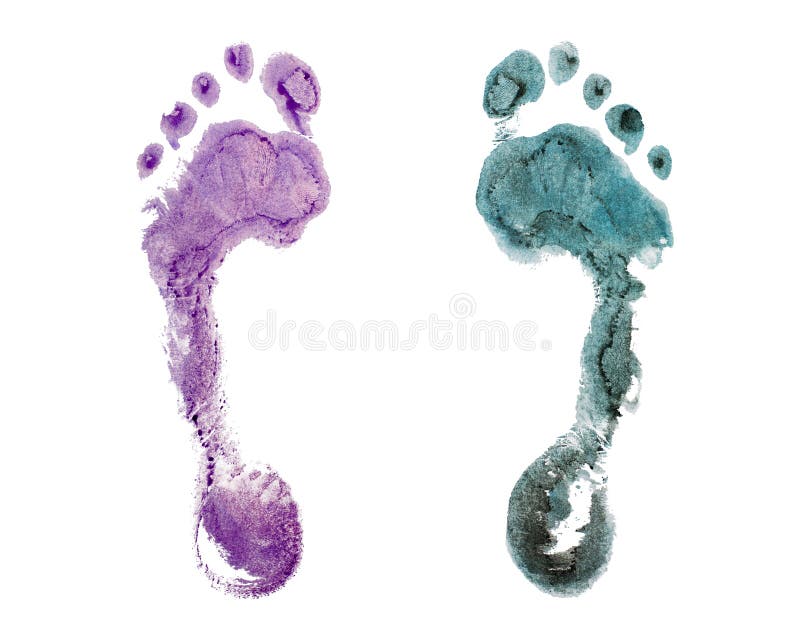 Purple & dark blue footprints white background isolated close up, colorful foot print pattern, barefoot footstep silhouette, feet