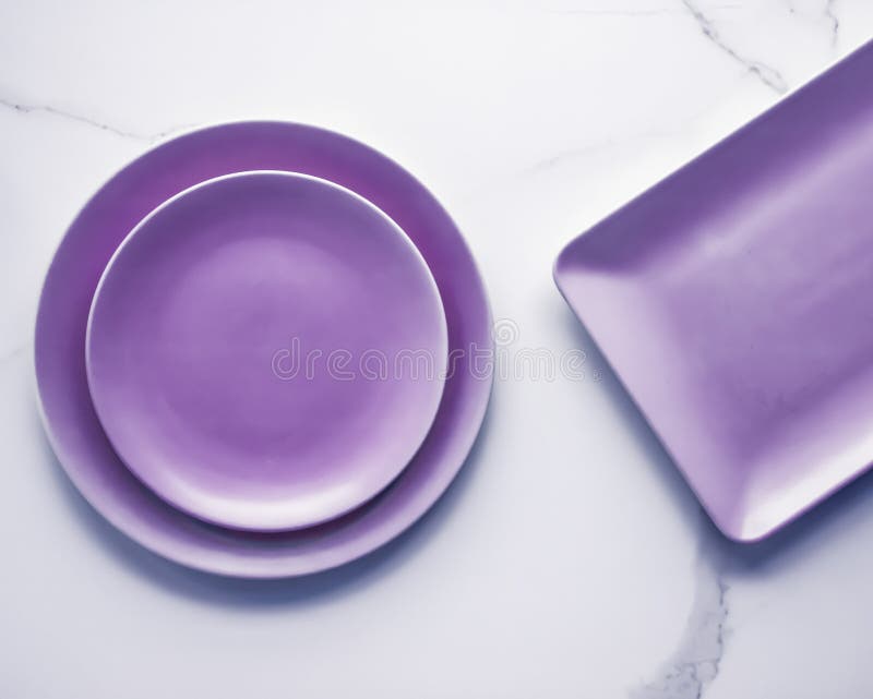 Purple Empty Plate on Marble Table Background, Tableware Decor for