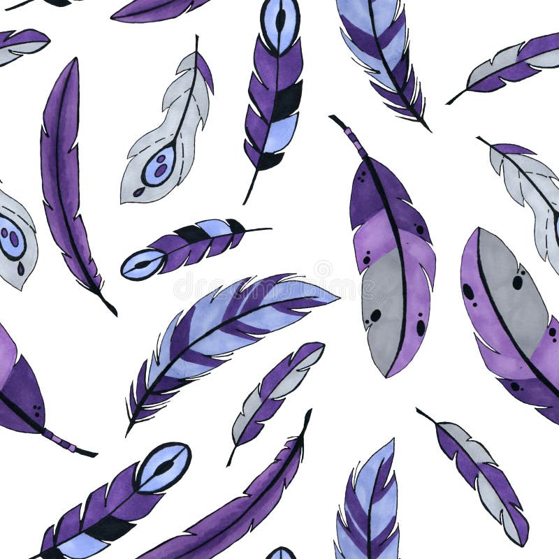 Purple feathers seamless pattern. colorful bird feathers repeating background for web and print purpose. marker art