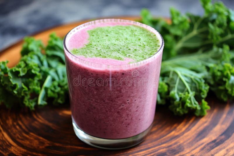 Purple Flaxseed Smoothie with a Kale Leaf Garnish on a Stone Table