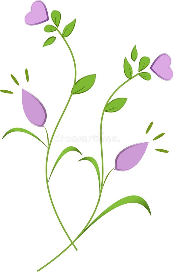 Purple heart flower shape on green stems