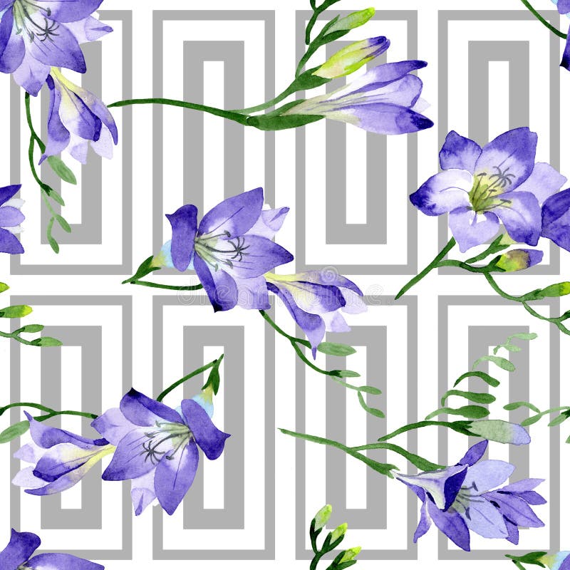 Purple freesia. Seamless background pattern. Fabric wallpaper print texture.