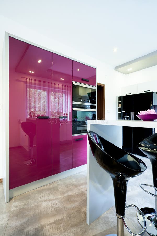 Modern Purple Kitchen With Stylish Furniture Stock Photo Image of