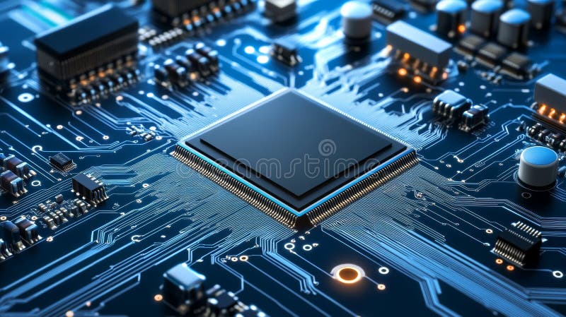 Purple glow illuminates intricate circuitry of a modern computer processor, glimpse into technological innovation vector illustration