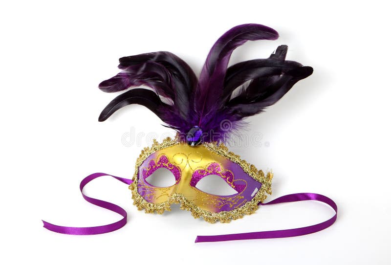 Purple and gold Venetian Mask with ribbon on white background. Purple and gold Venetian Mask with ribbon on white background